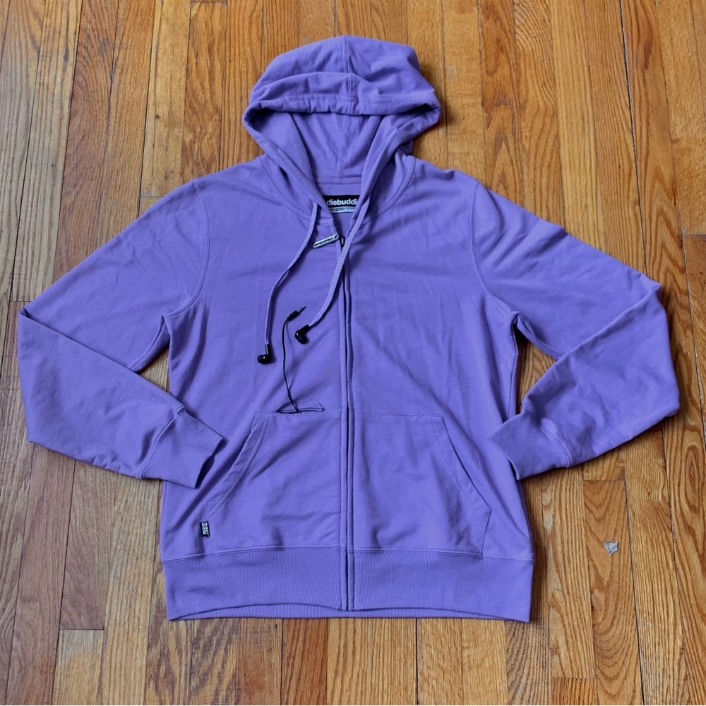 Hoodiebuddie Light Lavender Zip-Up Hoodie built in earbuds & plug Size XL